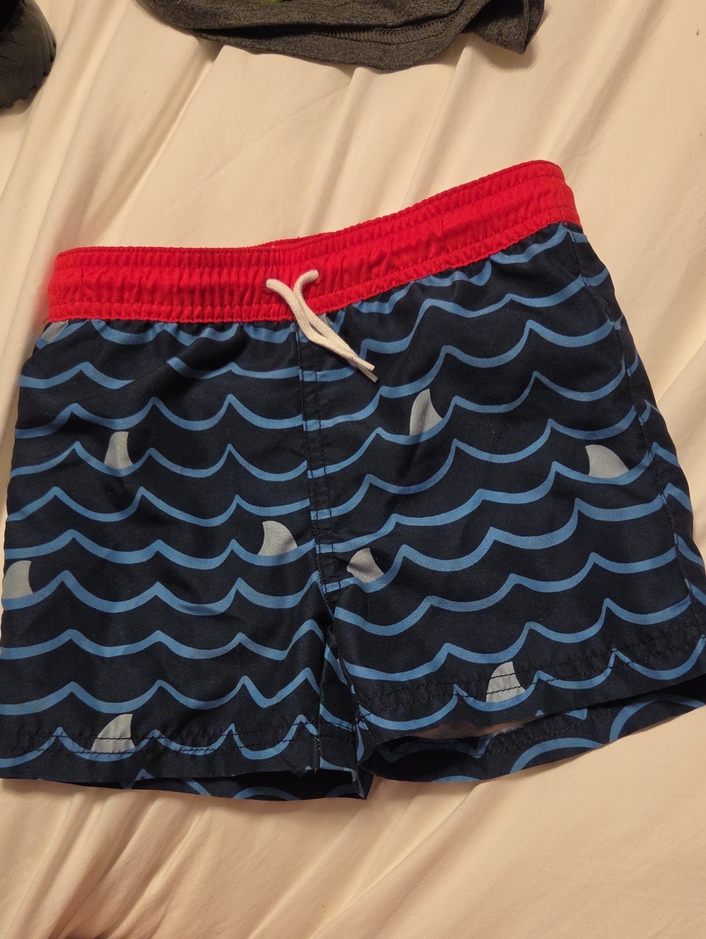 Janie and Jack Navy Wave Shark Swim Shorts with Red Waistband